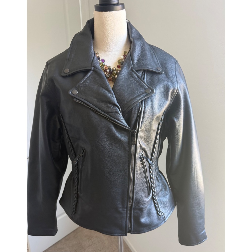 RGC Black Leather Braided Trim Thinsulate Zip Up Biker Moto Jacket Large